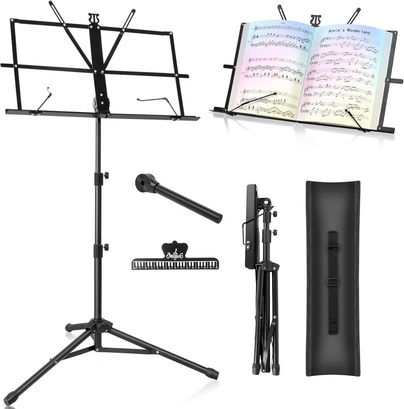 NewBee 2 Pack Music Stand, Foldable & Portable Metal Sheet Music Stand with Carrying Bag, Adjustable Podium Stand with Tripod Base and Sheet Music Folder - Black - Image 1